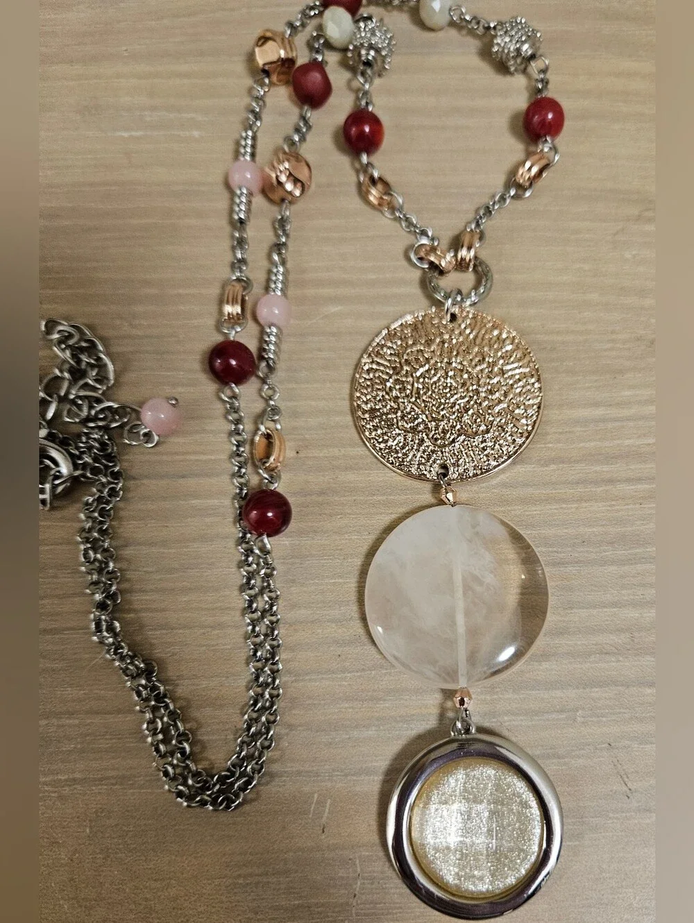 CHICO'S MEDALLION SILVER-TONE ROSE GOLD GLASS BEADS  BOHEMIAN LONG NECKLACE